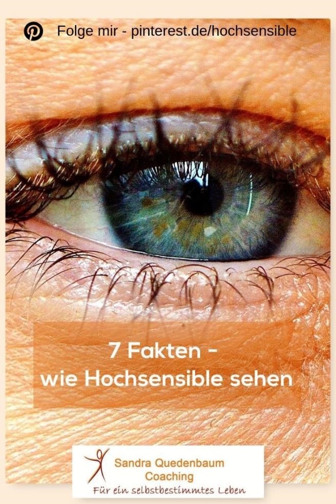 Pinterest-Grafik "7 Fakten, wie Hochsensible sehen": Nahaufnahme eines blauen Auges