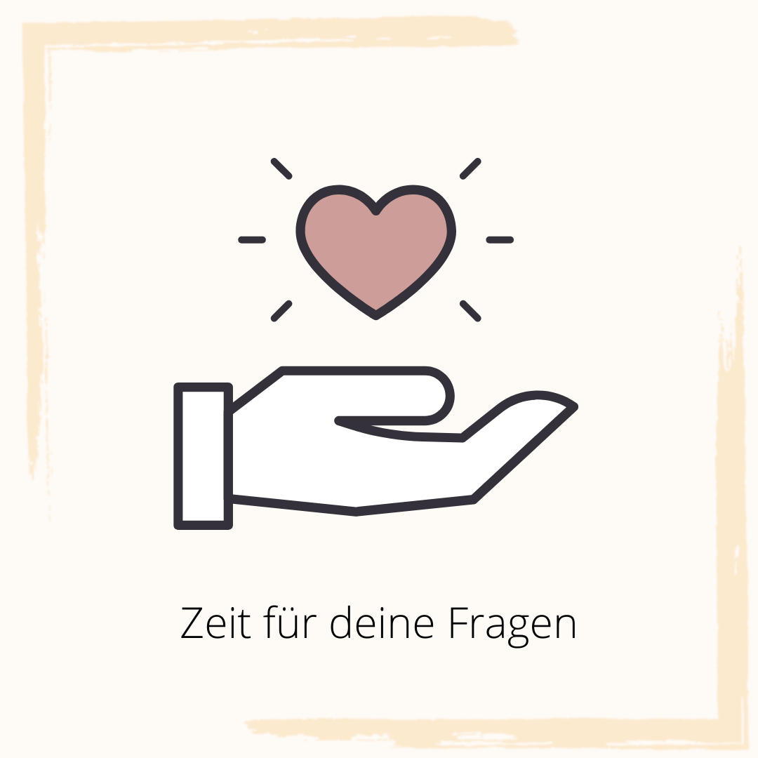 Symbolbild Hand mit Herz und der Beschriftung "Zeit für deine Fragen"