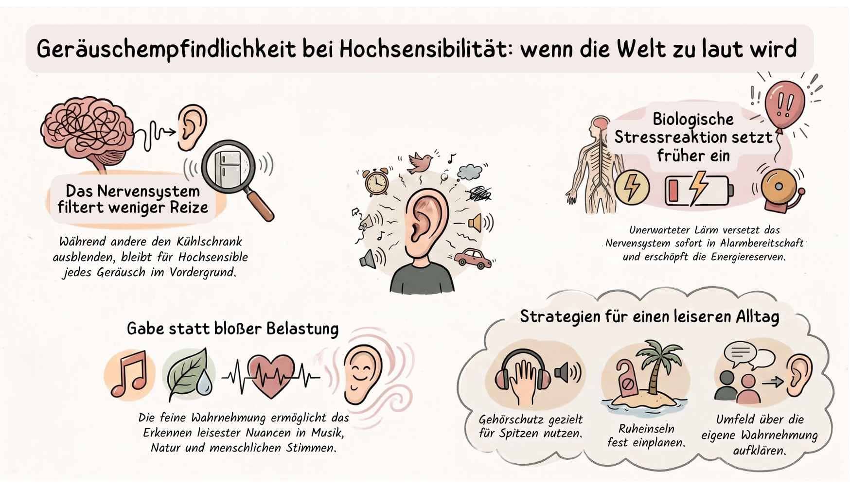 Du darfst dir Ruhe vor dem Lärm gönnen 🙂 Schaubild „Geräuschempfindlichkeit bei Hochsensibilität: wenn die Welt zu laut wird“ mit vier Feldern: Das Nervensystem filtert weniger Reize (während andere den Kühlschrank ausblenden, bleibt für Hochsensible jedes Geräusch im Vordergrund), die biologische Stressreaktion setzt früher ein (unerwarteter Lärm versetzt das Nervensystem sofort in Alarmbereitschaft und erschöpft die Energiereserven), Gabe statt bloßer Belastung (die feine Wahrnehmung ermöglicht das Erkennen leisester Nuancen in Musik, Natur und menschlichen Stimmen) und Strategien für einen leiseren Alltag (Gehörschutz gezielt für Spitzen nutzen, Ruheinseln fest einplanen, Umfeld über die eigene Wahrnehmung aufklären).