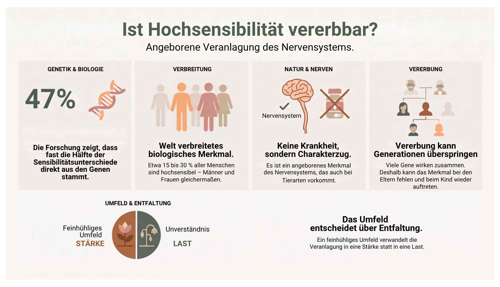 Du bist so, wie du bist, aus gutem Grund 🙂 Schaubild „Ist Hochsensibilität vererbbar?“ mit fünf Feldern: Genetik und Biologie (47 Prozent, die Forschung zeigt, dass fast die Hälfte der Sensibilitätsunterschiede aus den Genen stammt), Verbreitung (etwa 15 bis 30 Prozent aller Menschen sind hochsensibel, Männer und Frauen gleichermaßen), Natur und Nerven (keine Krankheit, sondern ein angeborenes Merkmal des Nervensystems, das auch bei Tieren vorkommt), Vererbung (viele Gene wirken zusammen, das Merkmal kann Generationen überspringen) und Umfeld und Entfaltung (ein feinfühliges Umfeld macht die Veranlagung zur Stärke, Unverständnis zur Last).