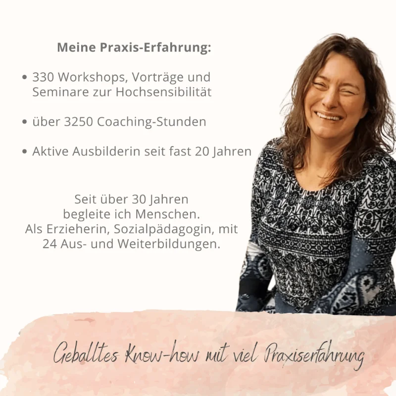 Grafik mit Sandra Quedenbaum und ihrer Praxiserfahrung: seit über 30 Jahren begleitet sie Menschen, 330 Workshops, über 3250 Coaching-Stunden, aktive Ausbilderin seit fast 20 Jahren