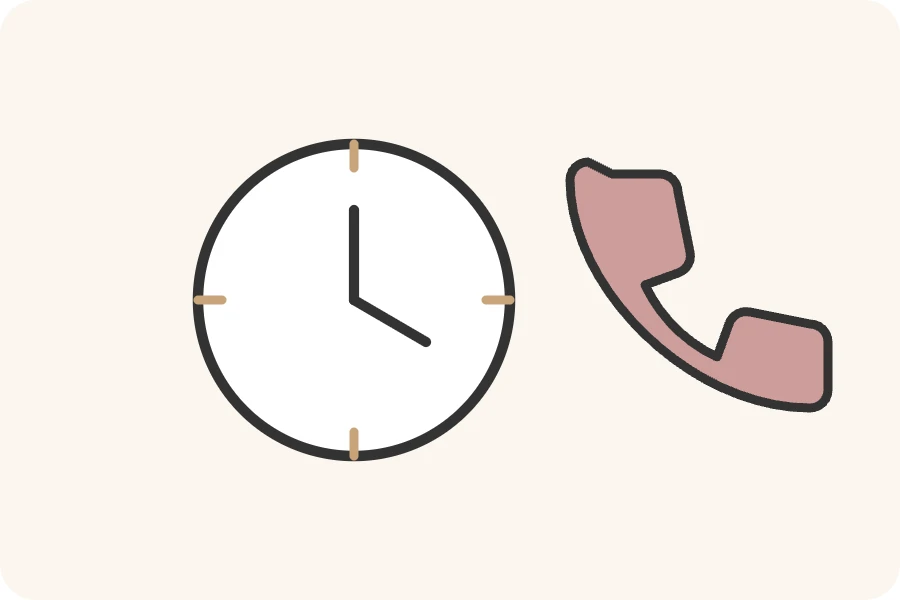 60 Minuten, fest vereinbart 🕐 Zeichnung einer Uhr neben einem Telefonhörer