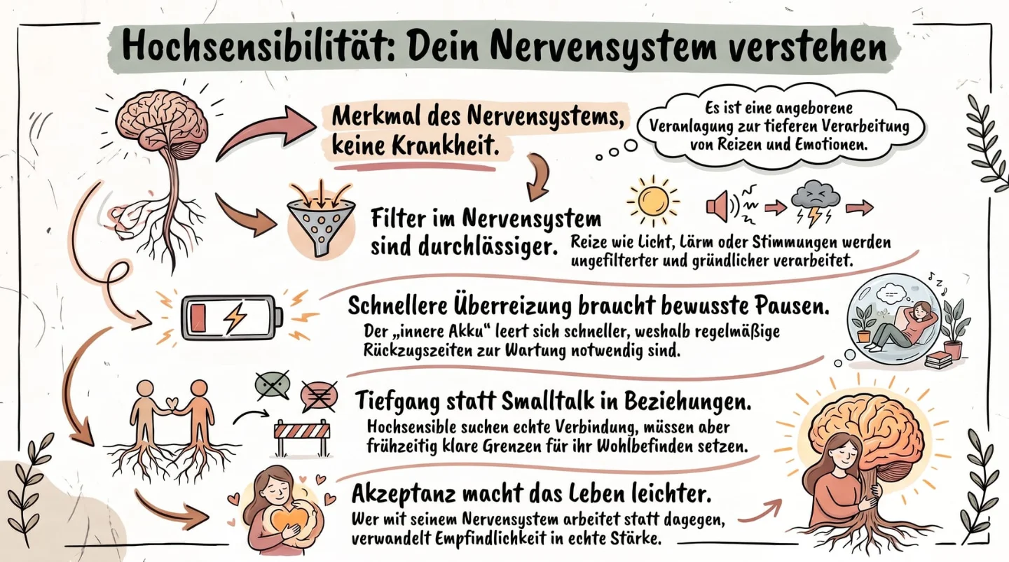 Dein Nervensystem verstehen 🙂 Schaubild „Hochsensibilität: Dein Nervensystem verstehen“ mit fünf Aussagen: Hochsensibilität ist ein Merkmal des Nervensystems und keine Krankheit, eine angeborene Veranlagung zur tieferen Verarbeitung von Reizen und Emotionen; die Filter im Nervensystem sind durchlässiger, Reize wie Licht, Lärm oder Stimmungen werden ungefilterter und gründlicher verarbeitet; schnellere Überreizung braucht bewusste Pausen, weil der innere Akku sich schneller leert; Tiefgang statt Smalltalk in Beziehungen, Hochsensible suchen echte Verbindung und setzen früh klare Grenzen; Akzeptanz macht das Leben leichter, wer mit seinem Nervensystem arbeitet statt dagegen, verwandelt Empfindlichkeit in echte Stärke.