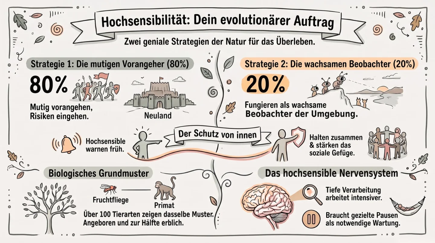 Deine Sensibilität hat einen Wert 🙂 Infografik Hochsensibilität, dein evolutionärer Auftrag, mit dem Untertitel zwei Strategien der Natur für das Überleben. Strategie 1, die mutigen Vorangeher mit 80 Prozent: mutig vorangehen, Risiken eingehen, Neuland erschließen. Strategie 2, die wachsamen Beobachter mit 20 Prozent: fungieren als wachsame Beobachter der Umgebung. Der Schutz von innen: Hochsensible warnen früh, halten zusammen und stärken das soziale Gefüge. Biologisches Grundmuster: über 100 Tierarten von der Fruchtfliege bis zum Primaten zeigen dasselbe Muster, angeboren und zur Hälfte erblich. Das hochsensible Nervensystem: tiefe Verarbeitung arbeitet intensiver und braucht gezielte Pausen als notwendige Wartung.