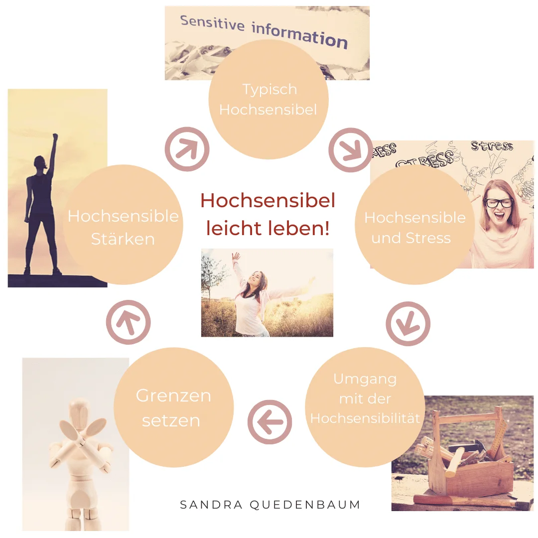 Schaubild des rotierenden Prinzips: die Themen typisch hochsensibel, Hochsensibilität und Stress, Umgang mit der Hochsensibilität, Grenzen setzen und hochsensible Stärken im Kreis um "Hochsensibel leicht leben!"