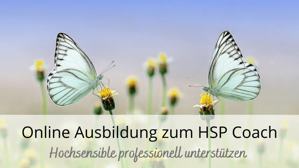 Hochsensible kompetent unterstützen Banner "Online Ausbildung zum HSP Coach, Hochsensible professionell unterstützen" mit zwei Schmetterlingen auf Blüten