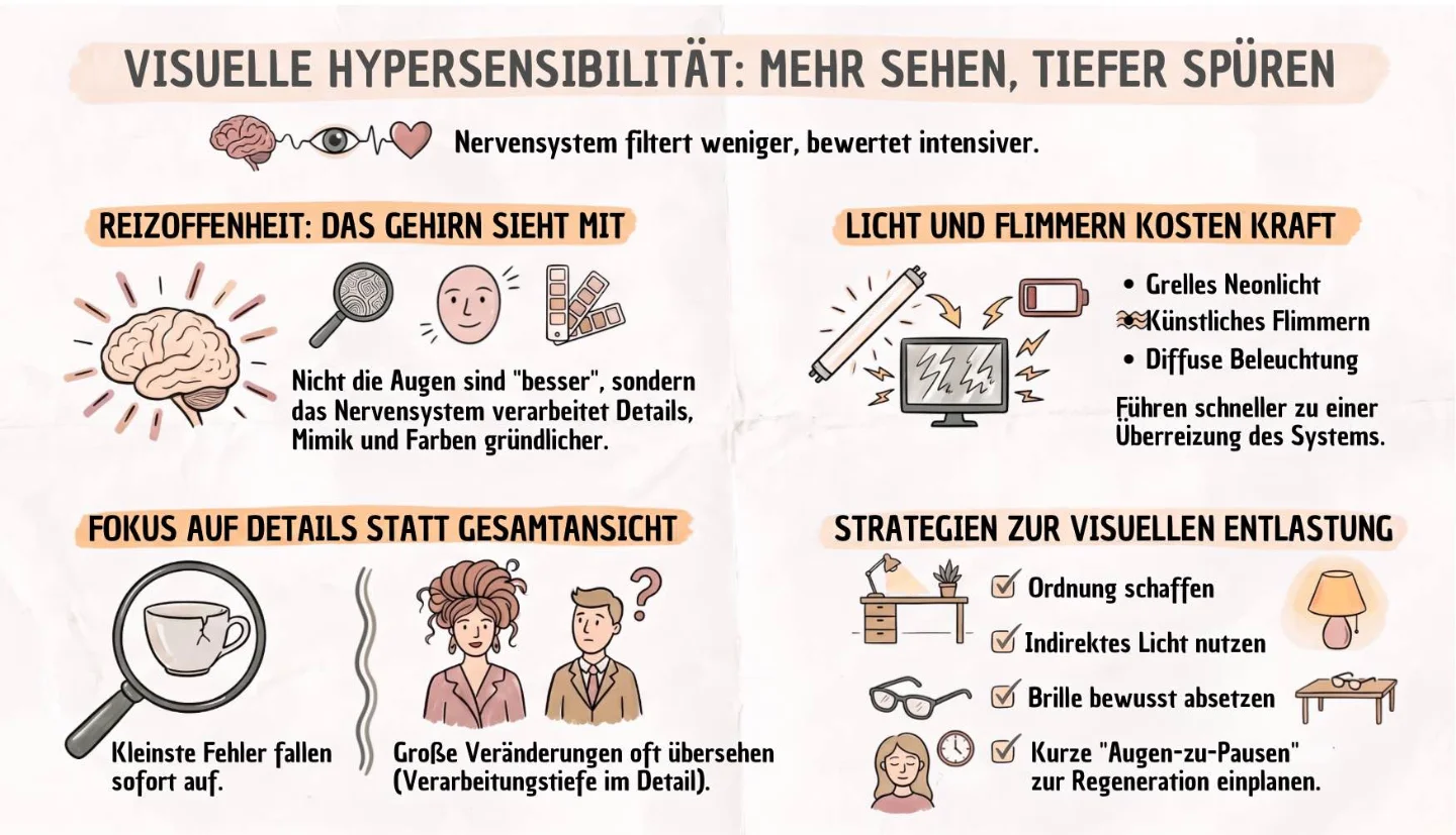 Dein feiner Blick ist ein Geschenk 🙂 Schaubild „Visuelle Hypersensibilität: mehr sehen, tiefer spüren“ mit vier Feldern: Reizoffenheit (nicht die Augen sind besser, das Nervensystem verarbeitet Details, Mimik und Farben gründlicher), Licht und Flimmern kosten Kraft (grelles Neonlicht, künstliches Flimmern und diffuse Beleuchtung führen schneller zu einer Überreizung), Fokus auf Details statt Gesamtansicht (kleinste Fehler fallen sofort auf, große Veränderungen werden oft übersehen) und Strategien zur visuellen Entlastung (Ordnung schaffen, indirektes Licht nutzen, Brille bewusst absetzen, kurze Augen-zu-Pausen zur Regeneration einplanen).
