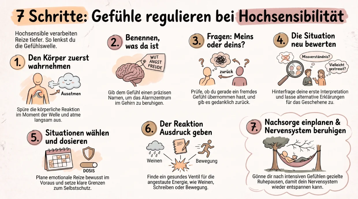 Sieben Schritte, um Gefühle zu regulieren 🙂 Schaubild „7 Schritte: Gefühle regulieren bei Hochsensibilität“: Hochsensible verarbeiten Reize tiefer. So lenkst du die Gefühlswelle. 1. Den Körper zuerst wahrnehmen: Spüre die körperliche Reaktion im Moment der Welle und atme langsam aus. 2. Benennen, was da ist: Gib dem Gefühl einen präzisen Namen, um das Alarmzentrum im Gehirn zu beruhigen. 3. Fragen: Meins oder deins? Prüfe, ob du gerade ein fremdes Gefühl übernommen hast, und gib es gedanklich zurück. 4. Die Situation neu bewerten: Hinterfrage deine erste Interpretation und lasse alternative Erklärungen für das Geschehene zu. 5. Situationen wählen und dosieren: Plane emotionale Reize bewusst im Voraus und setze klare Grenzen zum Selbstschutz. 6. Der Reaktion Ausdruck geben: Finde ein gesundes Ventil für die angestaute Energie, wie Weinen, Schreiben oder Bewegung. 7. Nachsorge einplanen und Nervensystem beruhigen: Gönne dir nach intensiven Gefühlen gezielte Ruhepausen, damit dein Nervensystem wieder entspannen kann.