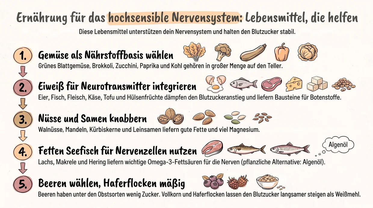 Lebensmittel, die deinem Nervensystem helfen 🙂 Grafik Ernährung für das hochsensible Nervensystem: Lebensmittel, die helfen. Diese Lebensmittel unterstützen dein Nervensystem und halten den Blutzucker stabil. 1. Gemüse als Nährstoffbasis wählen: Grünes Blattgemüse, Brokkoli, Zucchini, Paprika und Kohl gehören in großer Menge auf den Teller. 2. Eiweiß für Neurotransmitter integrieren: Eier, Fisch, Fleisch, Käse, Tofu und Hülsenfrüchte dämpfen den Blutzuckeranstieg und liefern Bausteine für Botenstoffe. 3. Nüsse und Samen knabbern: Walnüsse, Mandeln, Kürbiskerne und Leinsamen liefern gute Fette und viel Magnesium. 4. Fetten Seefisch für Nervenzellen nutzen: Lachs, Makrele und Hering liefern wichtige Omega-3-Fettsäuren für die Nerven, pflanzliche Alternative ist Algenöl. 5. Beeren wählen, Haferflocken mäßig: Beeren haben unter den Obstsorten wenig Zucker. Vollkorn und Haferflocken lassen den Blutzucker langsamer steigen als Weißmehl.