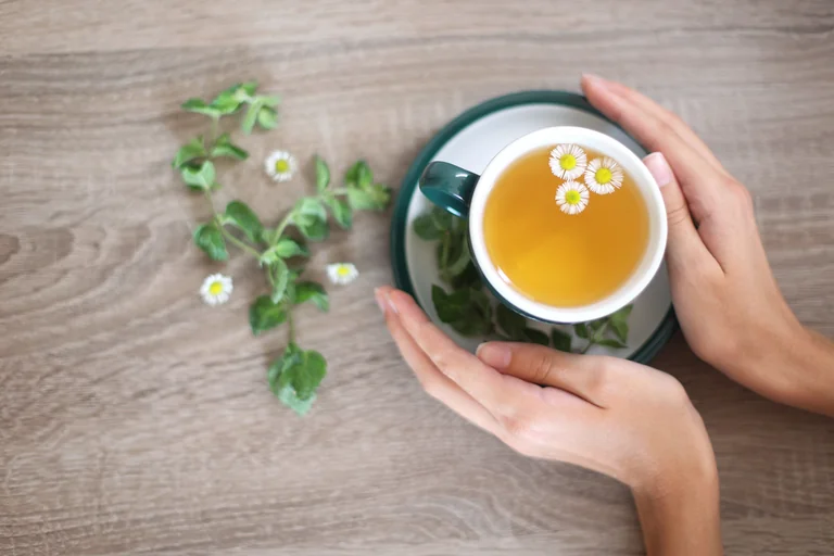 Zwei Hände umfassen eine Tasse Kräutertee mit Kamillenblüten, daneben frische Minze auf einem Holztisch