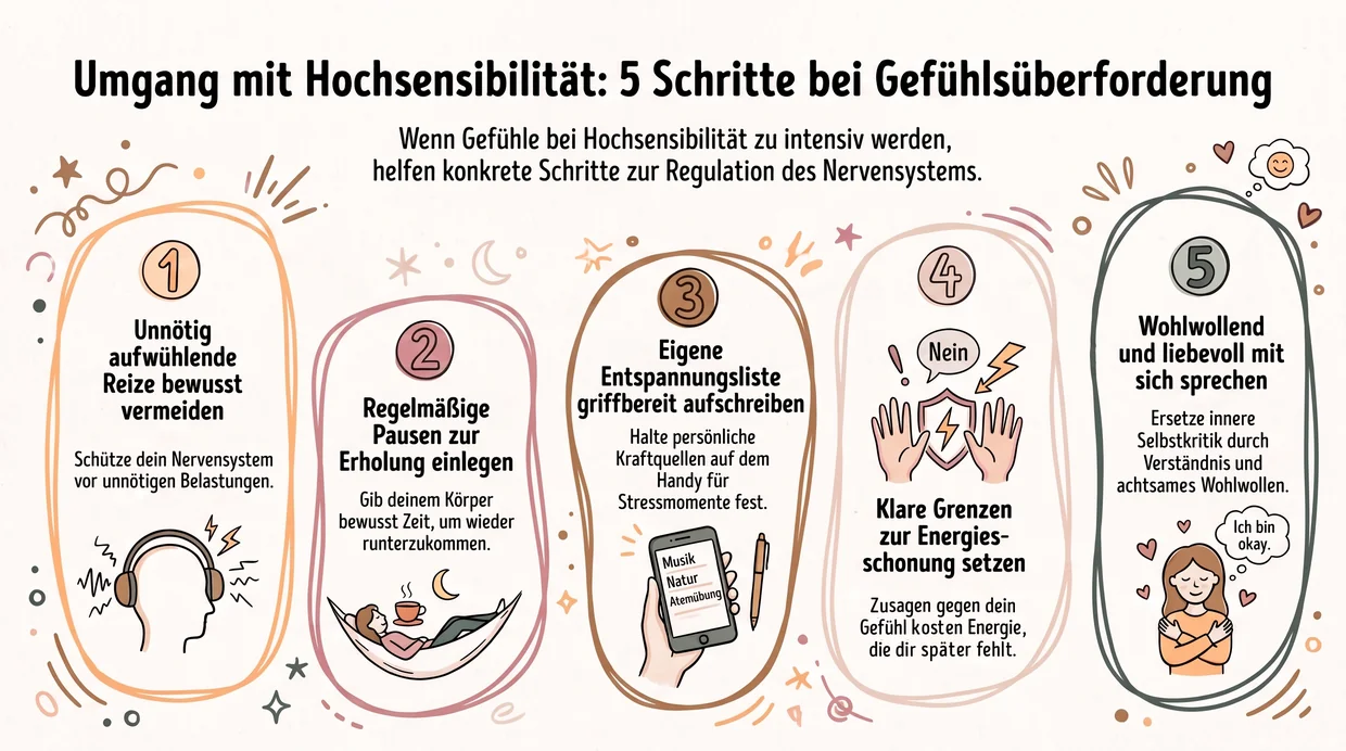 Fünf kleine Schritte bringen dich zurück zu dir 🙂 Grafik Umgang mit Hochsensibilität: 5 Schritte bei Gefühlsüberforderung. Wenn Gefühle bei Hochsensibilität zu intensiv werden, helfen konkrete Schritte zur Regulation des Nervensystems. 1. Unnötig aufwühlende Reize bewusst vermeiden: Schütze dein Nervensystem vor unnötigen Belastungen, dazu ein Kopf mit Kopfhörern. 2. Regelmäßige Pausen zur Erholung einlegen: Gib deinem Körper bewusst Zeit, um wieder runterzukommen, dazu eine Frau mit Tee in der Hängematte. 3. Eigene Entspannungsliste griffbereit aufschreiben: Halte persönliche Kraftquellen auf dem Handy für Stressmomente fest, auf dem Handy stehen Musik, Natur und Atemübung. 4. Klare Grenzen zur Energieschonung setzen: Zusagen gegen dein Gefühl kosten Energie, die dir später fehlt, dazu zwei abwehrende Hände, ein Schild und eine Sprechblase mit Nein. 5. Wohlwollend und liebevoll mit sich sprechen: Ersetze innere Selbstkritik durch Verständnis und achtsames Wohlwollen, dazu eine Frau, die sich selbst umarmt und denkt: Ich bin okay.