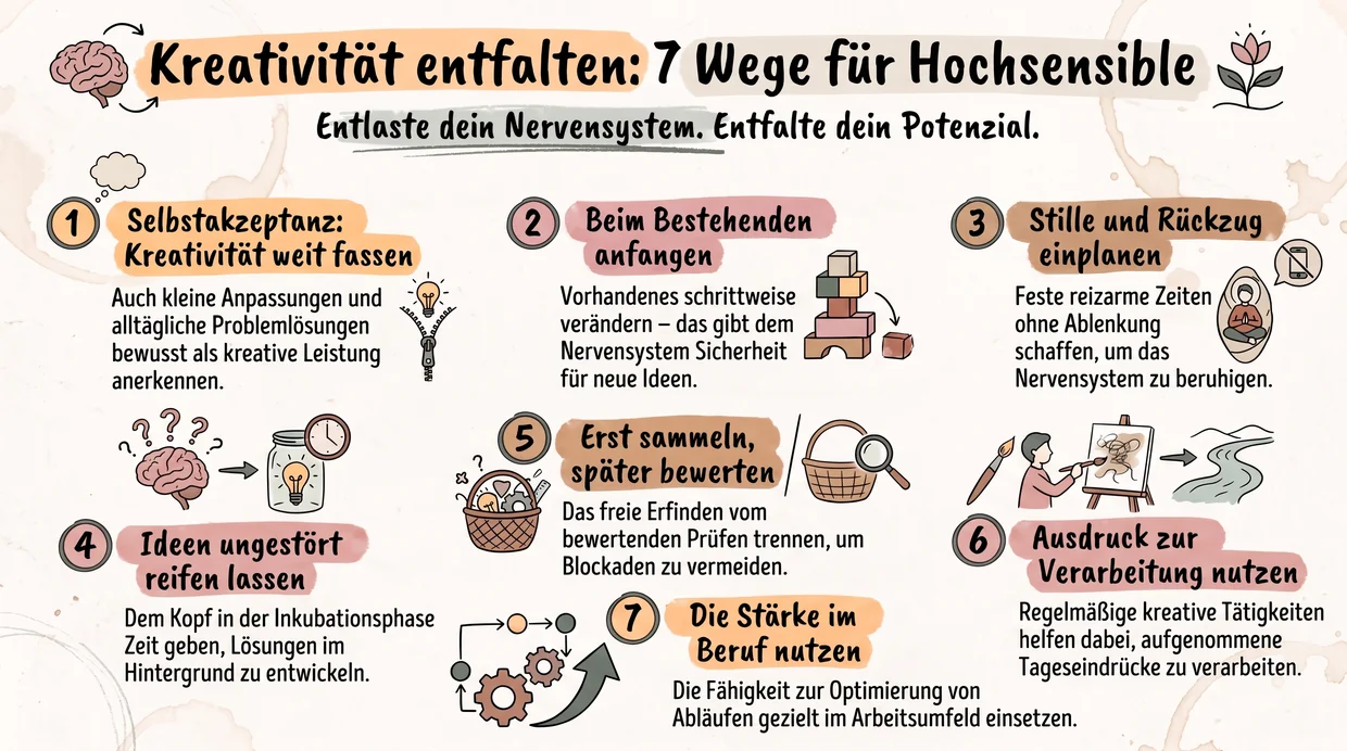 Sieben Wege zu deiner Kreativität 🙂 Grafik Kreativität entfalten: 7 Wege für Hochsensible. Entlaste dein Nervensystem. Entfalte dein Potenzial. 1. Selbstakzeptanz: Kreativität weit fassen. Auch kleine Anpassungen und alltägliche Problemlösungen bewusst als kreative Leistung anerkennen. 2. Beim Bestehenden anfangen. Vorhandenes schrittweise verändern, das gibt dem Nervensystem Sicherheit für neue Ideen. 3. Stille und Rückzug einplanen. Feste reizarme Zeiten ohne Ablenkung schaffen, um das Nervensystem zu beruhigen. 4. Ideen ungestört reifen lassen. Dem Kopf in der Inkubationsphase Zeit geben, Lösungen im Hintergrund zu entwickeln. 5. Erst sammeln, später bewerten. Das freie Erfinden vom bewertenden Prüfen trennen, um Blockaden zu vermeiden. 6. Ausdruck zur Verarbeitung nutzen. Regelmäßige kreative Tätigkeiten helfen dabei, aufgenommene Tageseindrücke zu verarbeiten. 7. Die Stärke im Beruf nutzen. Die Fähigkeit zur Optimierung von Abläufen gezielt im Arbeitsumfeld einsetzen.