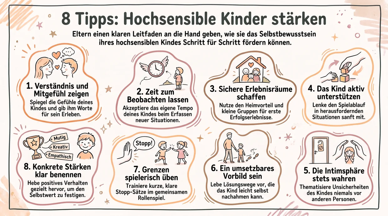 Kleine Schritte reichen: Dein Kind wächst mit dir 🙂 Grafik: 8 Tipps, hochsensible Kinder stärken. 1. Verständnis und Mitgefühl zeigen. 2. Zeit zum Beobachten lassen. 3. Sichere Erlebnisräume schaffen. 4. Das Kind aktiv unterstützen. 5. Die Intimsphäre stets wahren. 6. Ein umsetzbares Vorbild sein. 7. Grenzen spielerisch üben. 8. Konkrete Stärken klar benennen.