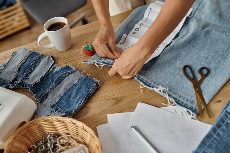 Hände stecken alte Jeansstücke auf einem Holztisch zu einem neuen Kleidungsstück zusammen, daneben Schere, Skizzen und eine Tasse Kaffee
