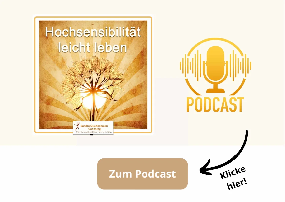 Hochsensibilität für unterwegs 🎙️ Podcast-Cover "Hochsensibilität leicht leben" mit Pfeil auf den Button "Zum Podcast"