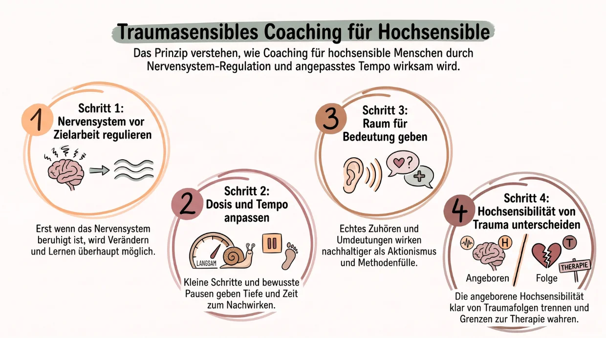 Traumasensibles Coaching in vier Schritten 🙂 Grafik Traumasensibles Coaching für Hochsensible in vier Schritten. Schritt 1: Das Nervensystem vor der Zielarbeit regulieren, denn erst wenn es beruhigt ist, wird Verändern und Lernen überhaupt möglich. Schritt 2: Dosis und Tempo anpassen, mit kleinen Schritten und bewussten Pausen, die Tiefe und Zeit zum Nachwirken geben. Schritt 3: Raum für Bedeutung geben, denn echtes Zuhören und Umdeutungen wirken nachhaltiger als Aktionismus und Methodenfülle. Schritt 4: Hochsensibilität von Trauma unterscheiden, also die angeborene Hochsensibilität klar von Traumafolgen trennen und die Grenzen zur Therapie wahren.